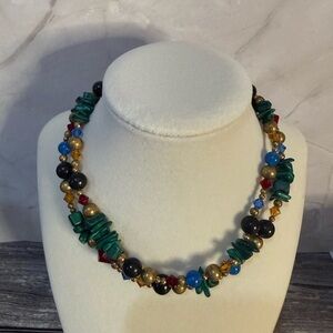 Vintage Multicolor Beaded Necklace glass, plastic & rocks green, red, blue, gold